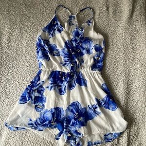 Large Floral Blue & White Romper
